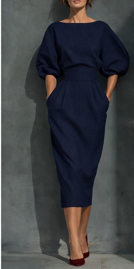 Spring/Summer style elegant boat-neck A-line skirt with puff sleeves top paired with high-waisted pleated half-skirt perfectly showcases retro style.