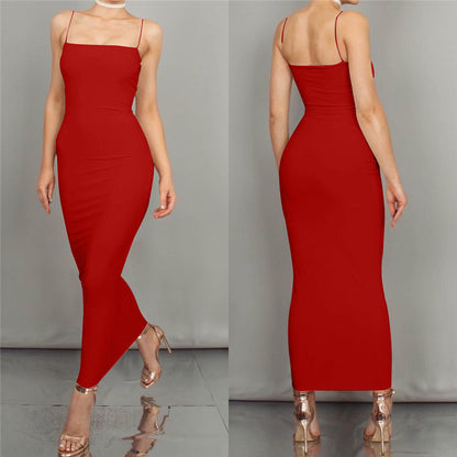 Women's sexy spaghetti strap long dress with backless design and slim fit, perfect for summer.