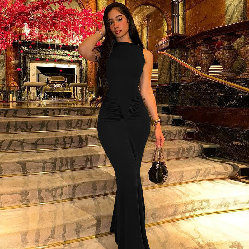 Women's Spring Fashion Style Slim-Fitting Ruffled Solid-color Short-Sleeve Dress