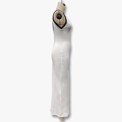 Women's summer V-neck backless fitted midriff-baring halter dress with a flared skirt