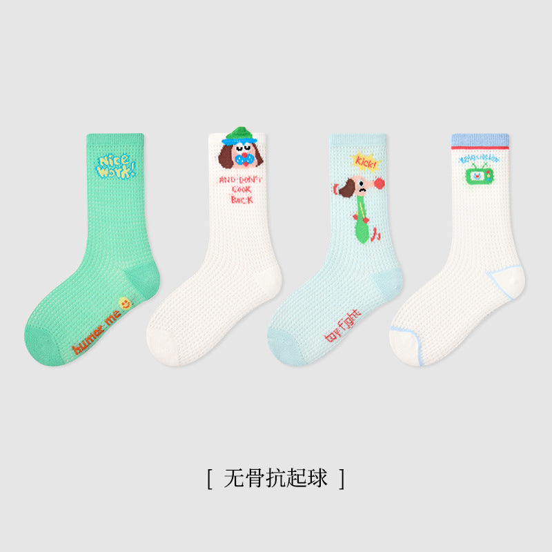 儿童袜子批发春夏薄款彩虹条纹兔子网眼中筒袜棉无骨木耳边女童袜