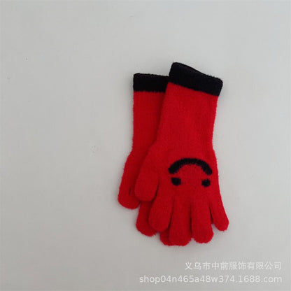 冬季儿童可触屏长款笑脸拼色五指针织手套男女童宝宝保暖分指手套