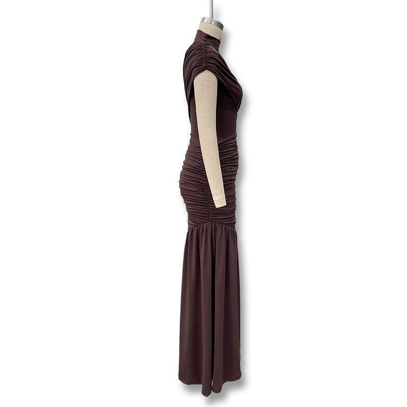 Summer beauty dress - solid color round-neck pleated ruffled halter-neck asymmetrical sleeveless A-line dress