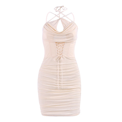 European and American fishbone dress - Crossed stringing and meshed open-back mini halter-neck skirt with pleated details