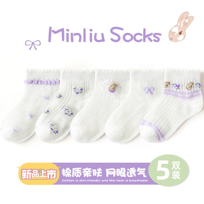 敏榴女童袜子春夏薄款甜美透气网眼儿童袜子中大童棉袜卡通短袜子