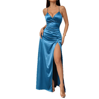 Dress with detachable straps, satin material, European-style slit, elegant and sophisticated, high-end evening gown