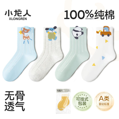 小龙人100%纯棉无骨儿童袜子春夏季薄款中筒学生中大童男童全棉袜