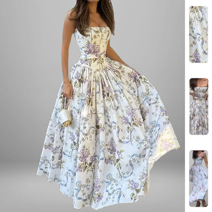 Women's dress: Long dress with elegant print, wide hem, and strapless design.