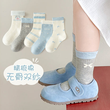 新款女童袜子春秋森系藏青碎花中筒袜日系花边蝴蝶结公主袜儿童袜