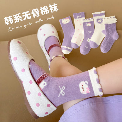 新款女童袜子春秋森系藏青碎花中筒袜日系花边蝴蝶结公主袜儿童袜