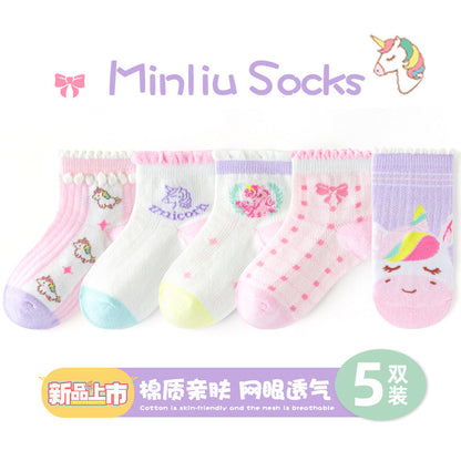 敏榴女童袜子春夏薄款甜美透气网眼儿童袜子中大童棉袜卡通短袜子