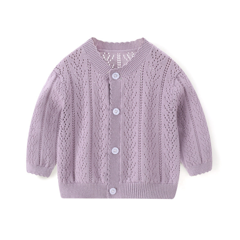 Spring and Summer Baby Lightweight Knitted Cardigan - Air Conditioner Protection Cooling Suit - Class A Cotton Long-Sleeved Children's Solid Color Breathable Round Collar Coat