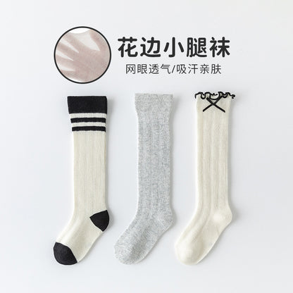 女童袜子春夏薄款儿童网眼小腿袜女孩甜美花边透气学院风棉袜批发