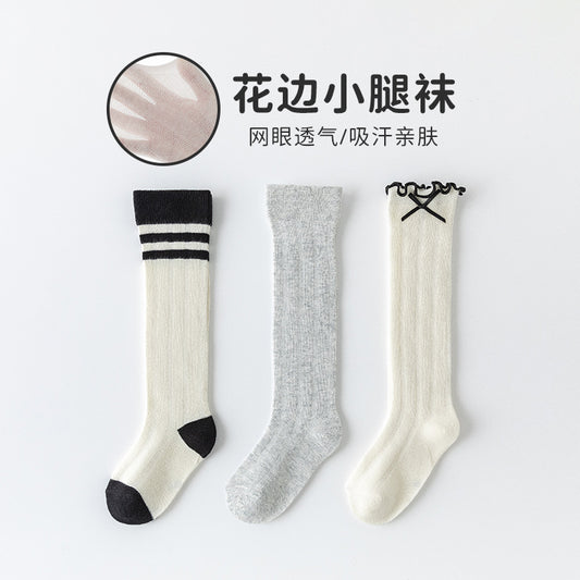女童袜子春夏薄款儿童网眼小腿袜女孩甜美花边透气学院风棉袜批发