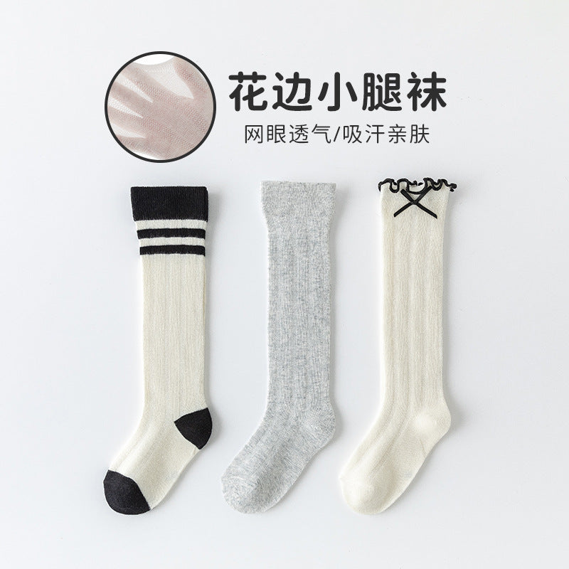 女童袜子春夏薄款儿童网眼小腿袜女孩甜美花边透气学院风棉袜批发