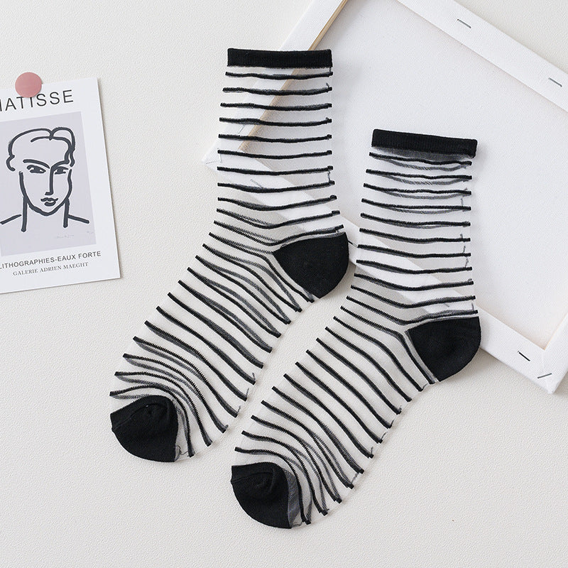 Summer Glass Socks Women's Breathable Mid-Calf Stockings Japanese Style Silk Crystal Stockings Summer Lightweight