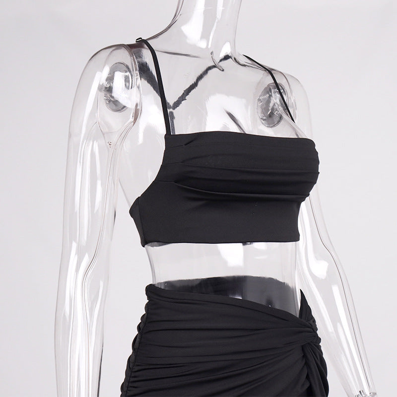 Summer women's dress set - pleated halter-neck strapless high-slit long dress in two pieces