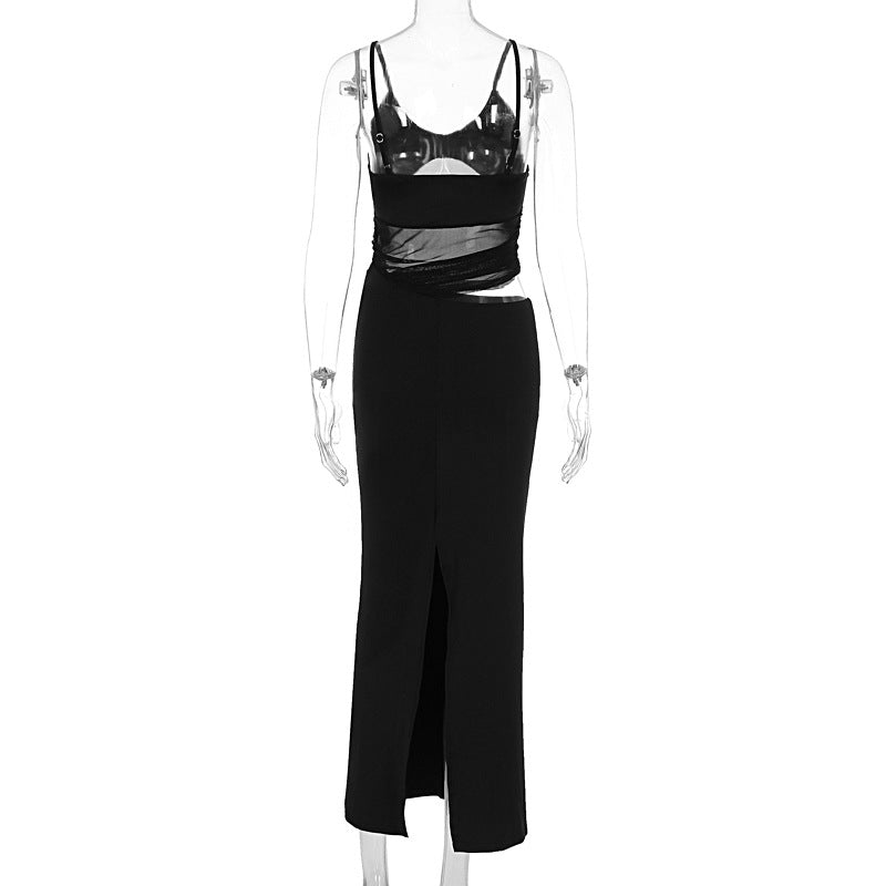 Net fabric seaside vacation long dress with stretch and figure-hugging design for women, featuring a sexy halter top and a one-piece style.