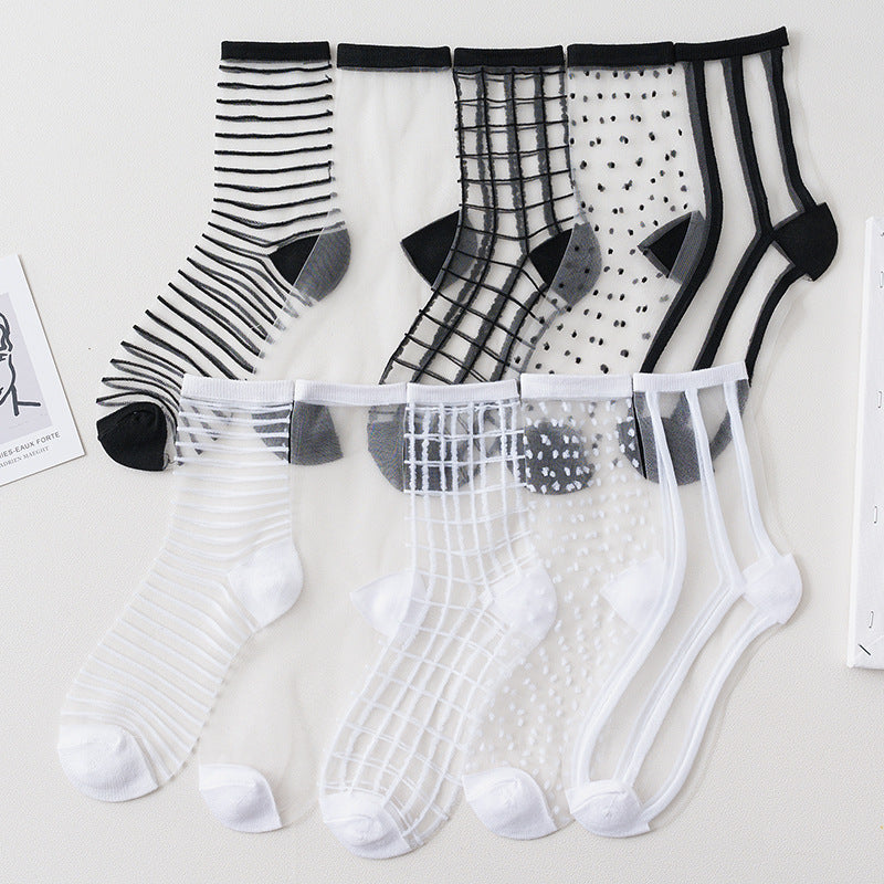 Summer Glass Socks Women's Breathable Mid-Calf Stockings Japanese Style Silk Crystal Stockings Summer Lightweight