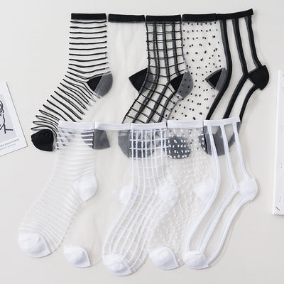 Summer Glass Socks Women's Breathable Mid-Calf Stockings Japanese Style Silk Crystal Stockings Summer Lightweight