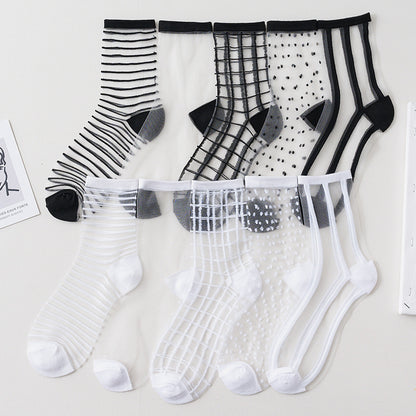 Summer Glass Socks Women's Breathable Mid-Calf Stockings Japanese Style Silk Crystal Stockings Summer Lightweight