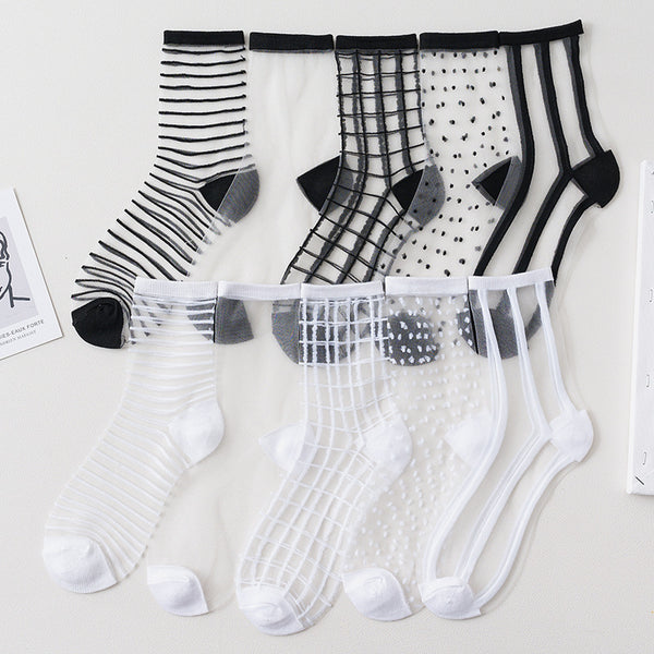 Summer Glass Socks Women's Breathable Mid-Calf Stockings Japanese Style Silk Crystal Stockings Summer Lightweight