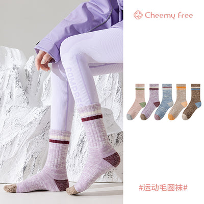 Winter and autumn heat-retaining wool warm double-bar mid-length women's socks, thick and lightweight sports towel bottom socks, children's and teenagers' versions