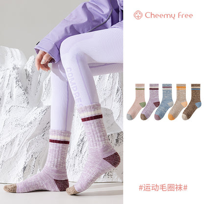 Winter and autumn heat-retaining wool warm double-bar mid-length women's socks, thick and lightweight sports towel bottom socks, children's and teenagers' versions