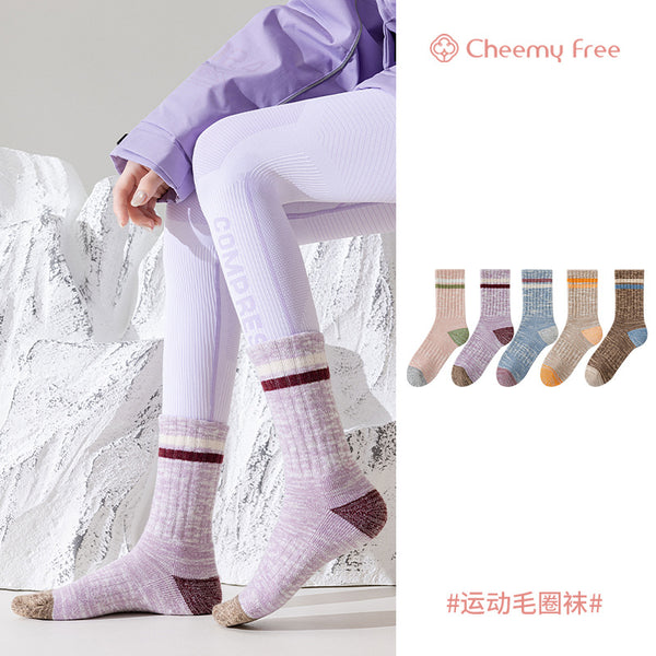 Winter and autumn heat-retaining wool warm double-bar mid-length women's socks, thick and lightweight sports towel bottom socks, children's and teenagers' versions