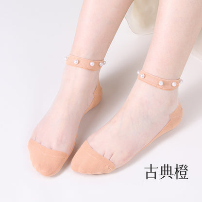 Pearl stockings - children's short socks. Light-mouthed lace summer lightweight netting transparent glass thread crystal socks.