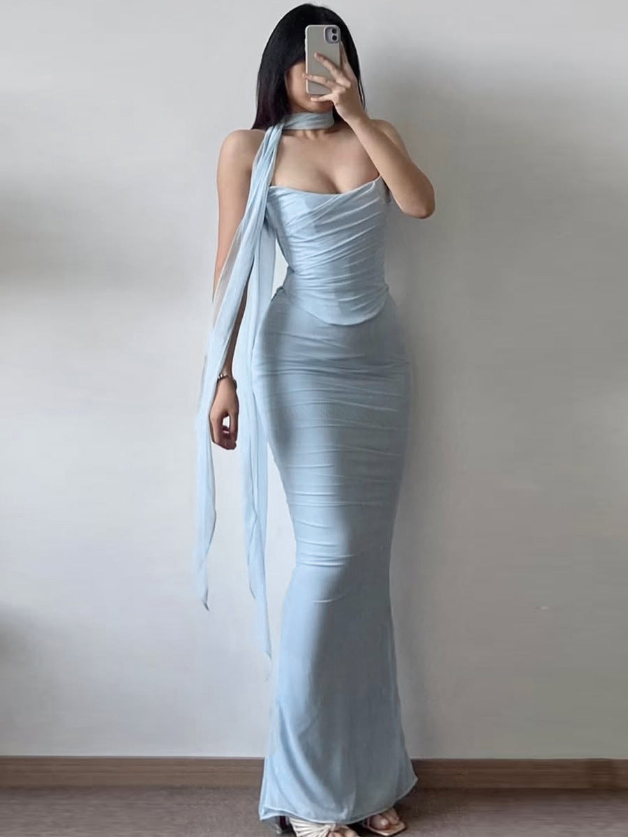 Strapless top with necklaces, high-waisted, figure-hugging, and full-skirted dress set for wholesale