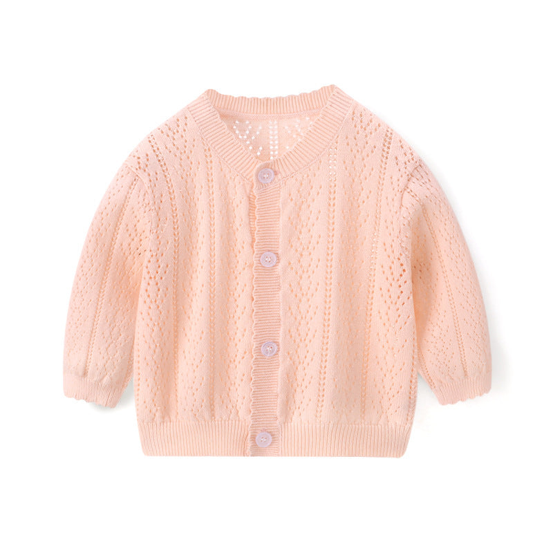 Spring and Summer Baby Lightweight Knitted Cardigan - Air Conditioner Protection Cooling Suit - Class A Cotton Long-Sleeved Children's Solid Color Breathable Round Collar Coat