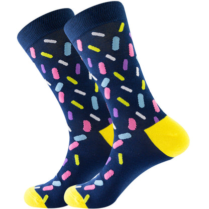 The same style striped men's and women's socks, trendy and colorful, for street wear, featuring a bold and unique design in mid-calf length.