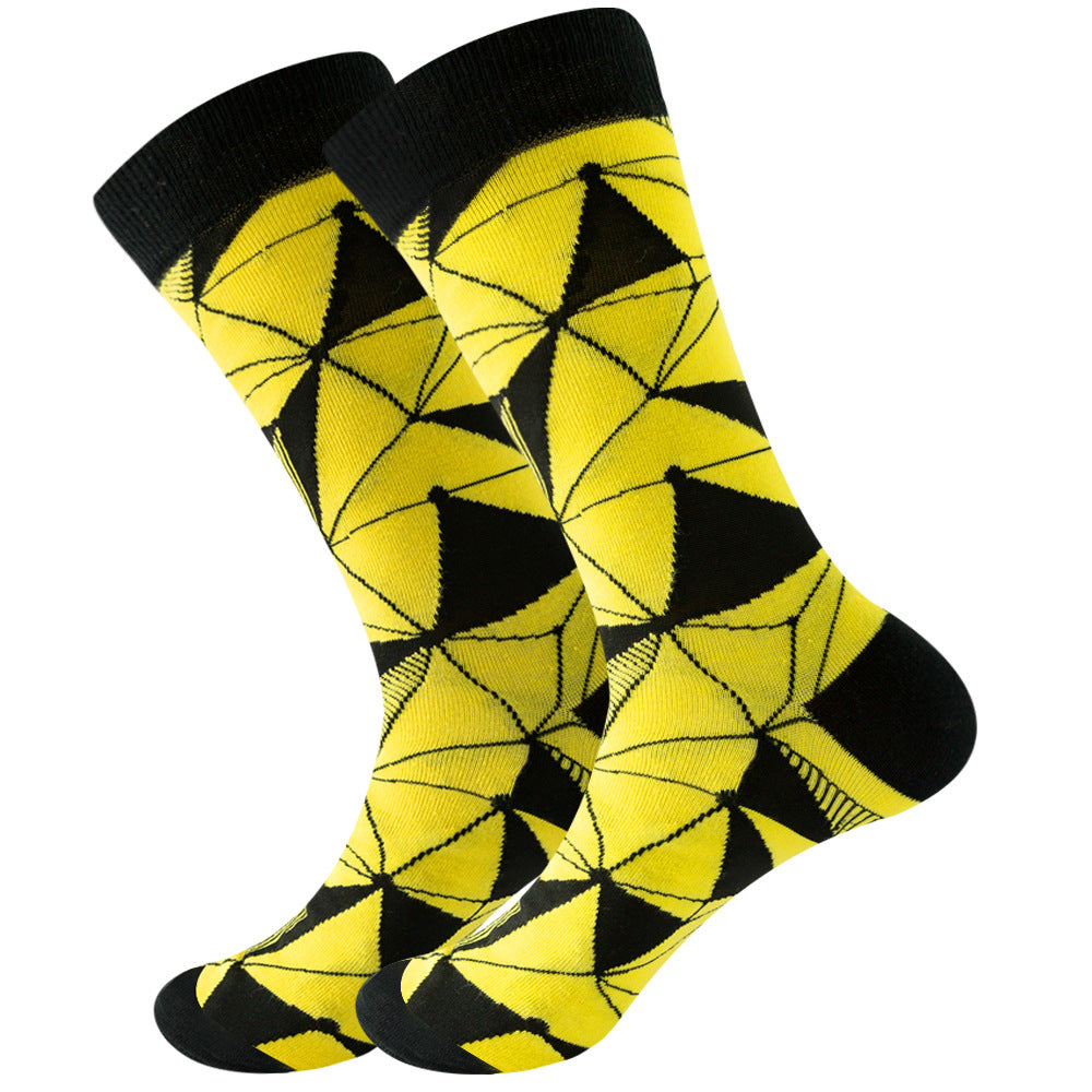 The same style striped men's and women's socks, trendy and colorful, for street wear, featuring a bold and unique design in mid-calf length.