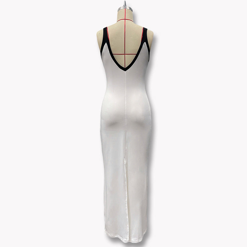 Women's summer V-neck backless fitted midriff-baring halter dress with a flared skirt