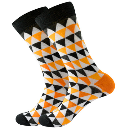 The same style striped men's and women's socks, trendy and colorful, for street wear, featuring a bold and unique design in mid-calf length.