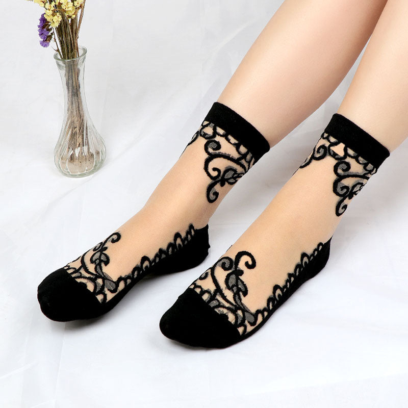 Summer ice silk stockings - children's polka dot striped butterfly glass silk stockings mid-calf crystal silk cardigan skin-colored short socks, thin style