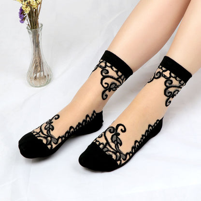 Summer ice silk stockings - children's polka dot striped butterfly glass silk stockings mid-calf crystal silk cardigan skin-colored short socks, thin style