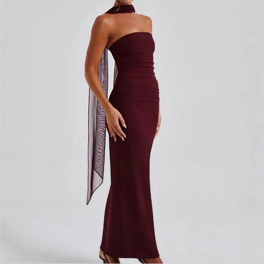 Winter and autumn silk scarf strapless figure-hugging form-fitting women's long dress with a back slit and full skirt
