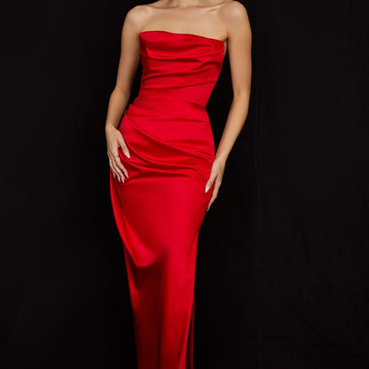 Silk strapless slit knee-length dress - a sexy evening gown
