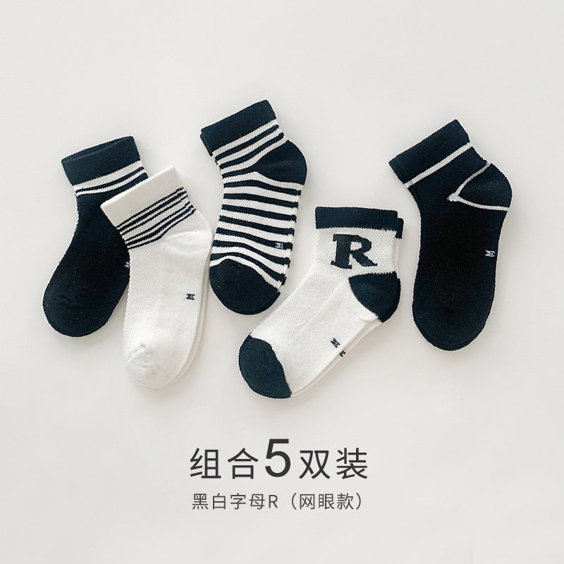 2024新品儿童袜子春夏薄款透气网眼袜字母运动风棉袜中大童宝宝袜