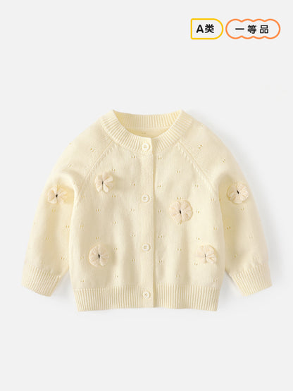 Girls' sweater cardigan princess three-dimensional flower round-neck knitted cotton coat pure color cotton outerwear baby girl A-class sweater