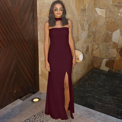 Spring fashion new women's dress with a plunging and slit design, slim fit, pure color, elegant style