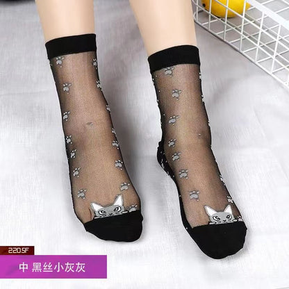 Glass fiber stockings - Children's rose flower sweet anti-slip cotton bottom stockings - Transparent mid-calf women's low-top trendy cotton stockings