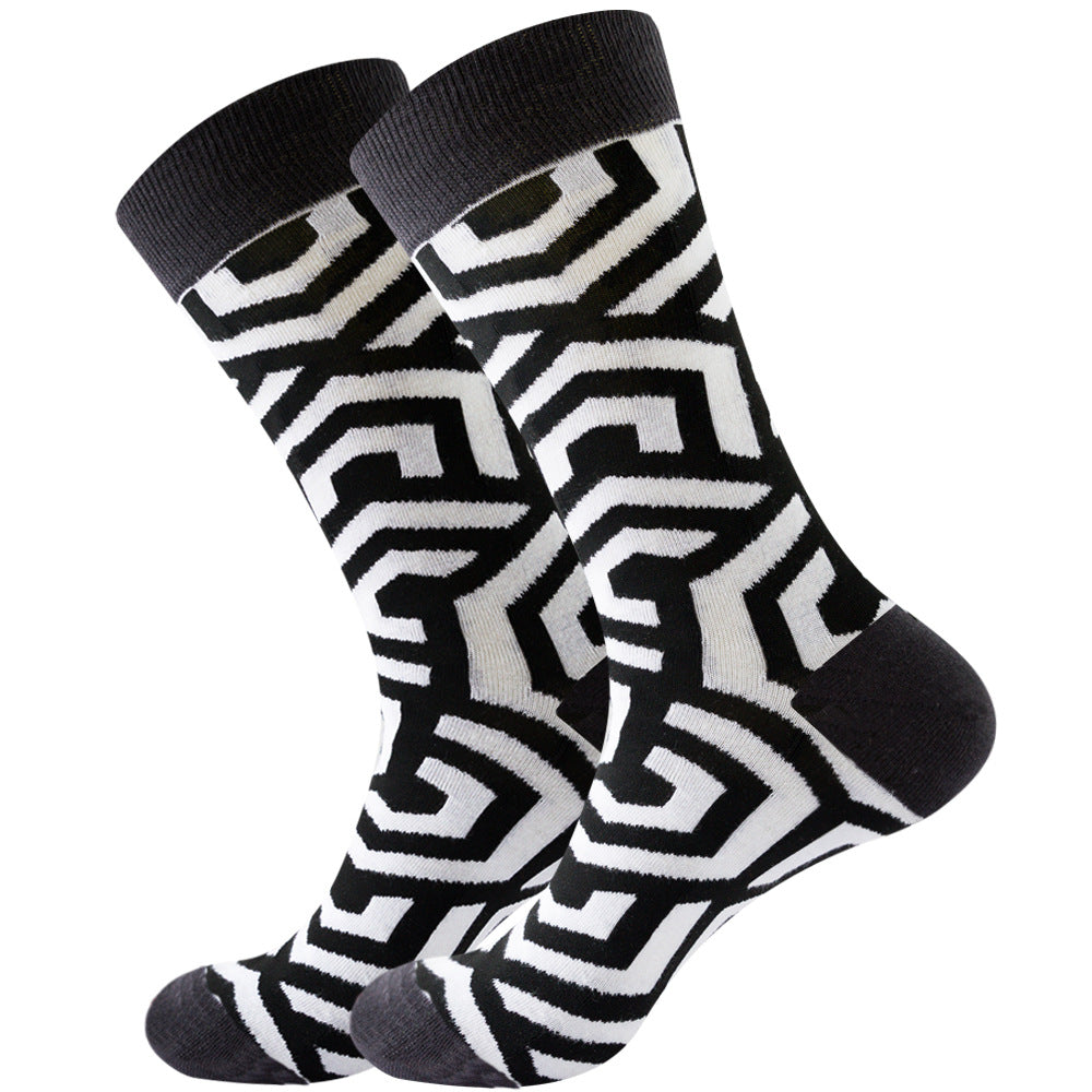 The same style striped men's and women's socks, trendy and colorful, for street wear, featuring a bold and unique design in mid-calf length.