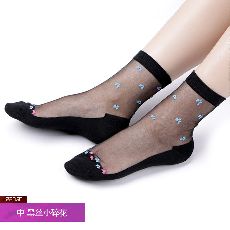 Women's mid-calf breathable silk stockings, transparent with cotton lining, ultra-thin glass fiber flowers, skin-colored socks