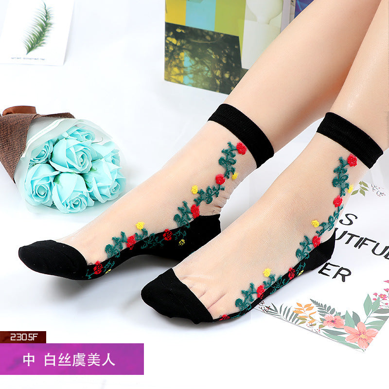 Women's mid-calf breathable silk stockings, transparent with cotton lining, ultra-thin glass fiber flowers, skin-colored socks