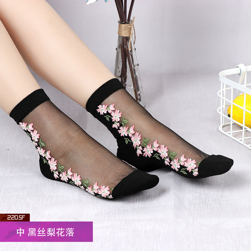 Women's mid-calf breathable silk stockings, transparent with cotton lining, ultra-thin glass fiber flowers, skin-colored socks