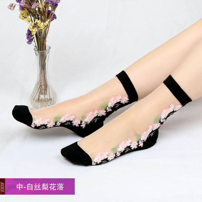 Women's mid-calf breathable silk stockings, transparent with cotton lining, ultra-thin glass fiber flowers, skin-colored socks
