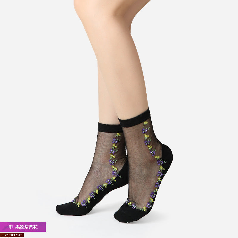 Women's mid-calf breathable silk stockings, transparent with cotton lining, ultra-thin glass fiber flowers, skin-colored socks